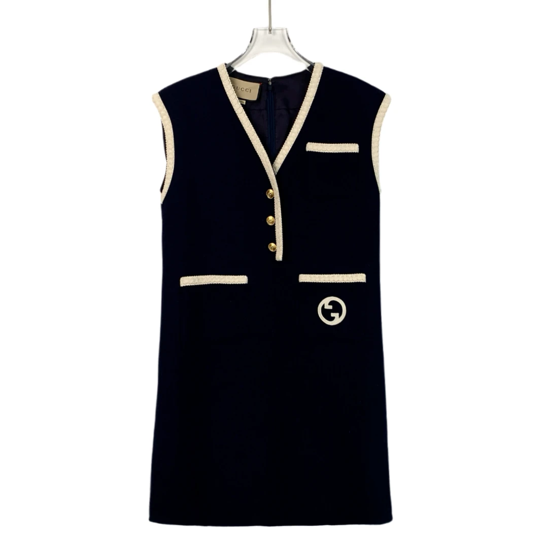 99新 GUCCI/古驰 H13531 23款 深蓝色刺绣羊毛V领无袖连衣裙 40 M