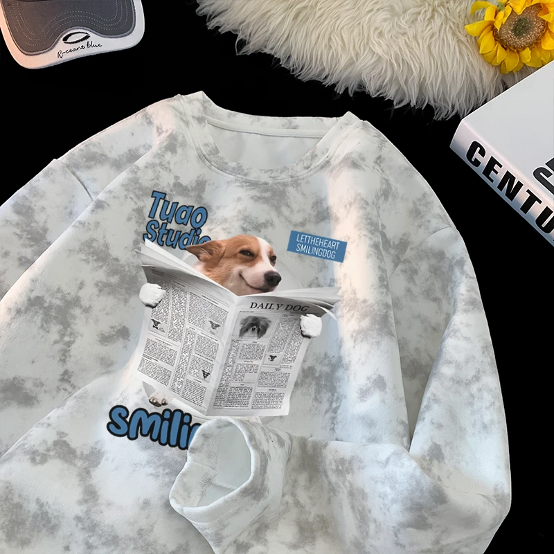 秋季新款扎染长袖T恤男生百搭重磅美式休闲印花上衣圆领潮流宽松