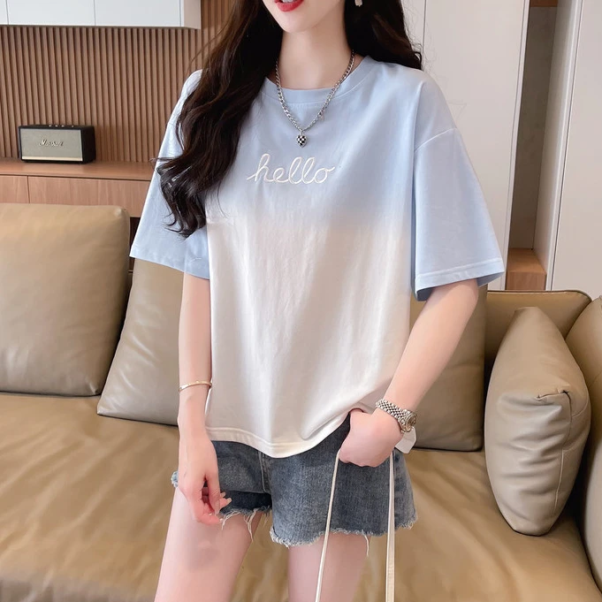渐变色扎染短袖t恤女夏装2025新款宽松韩版小个子短款设计感上衣