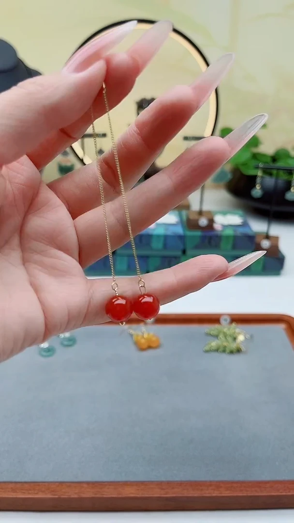 未镶嵌耳饰玛瑙/玉髓耳线红色