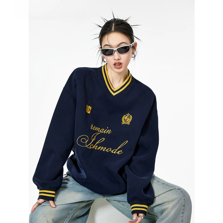 ICH MODE 美式复古V领卫衣女2025春季新款宽松慵懒chic上衣外套