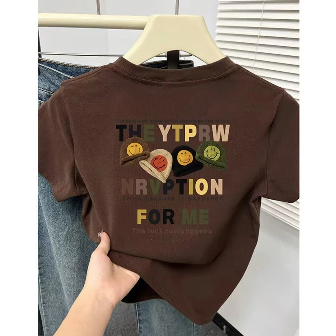 正肩短袖女t恤小个子2025夏季新款韩版休闲百搭圆领前后印花上衣