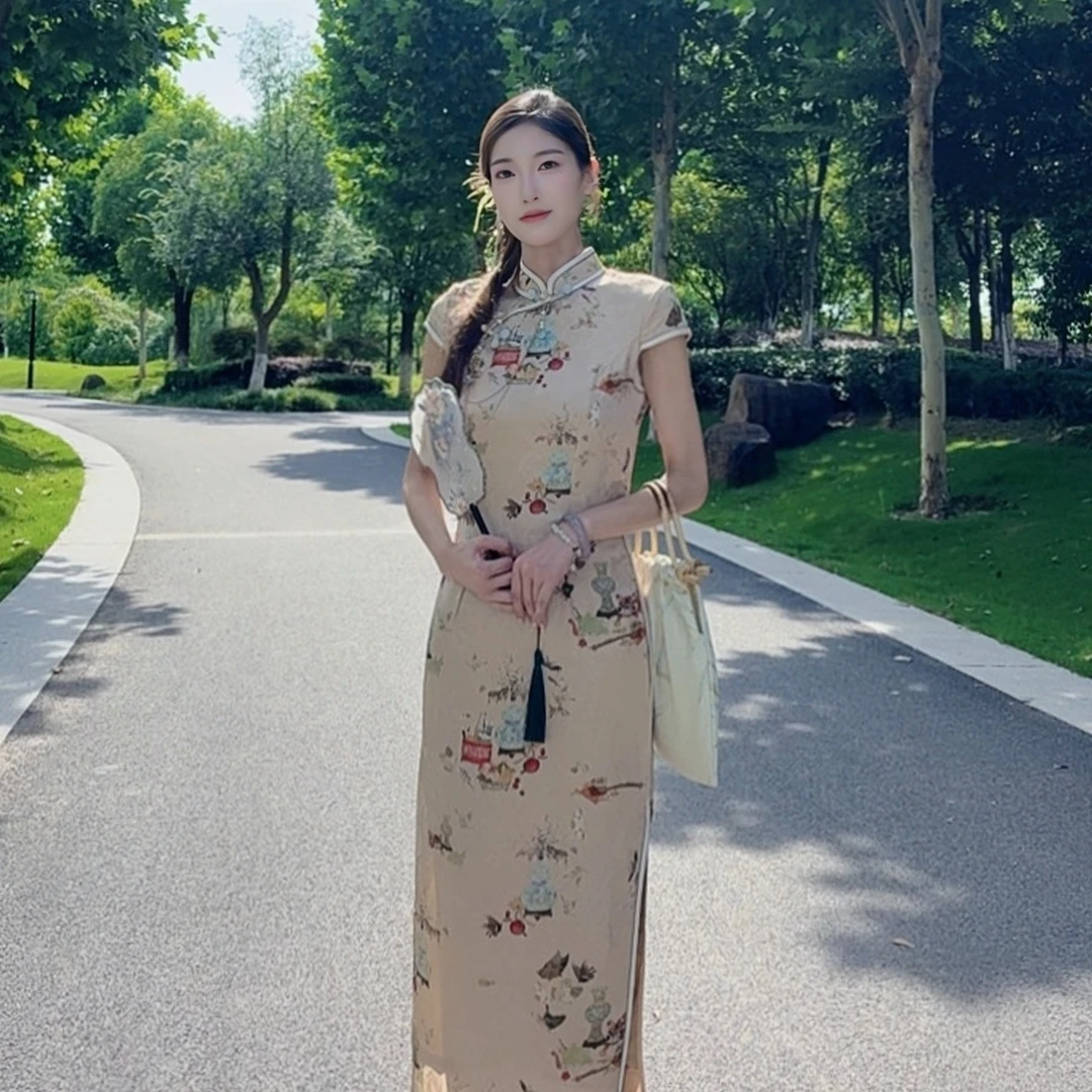 白幼秀港风古法真丝夏季显瘦气质网红时尚复古修身日常旗袍5701