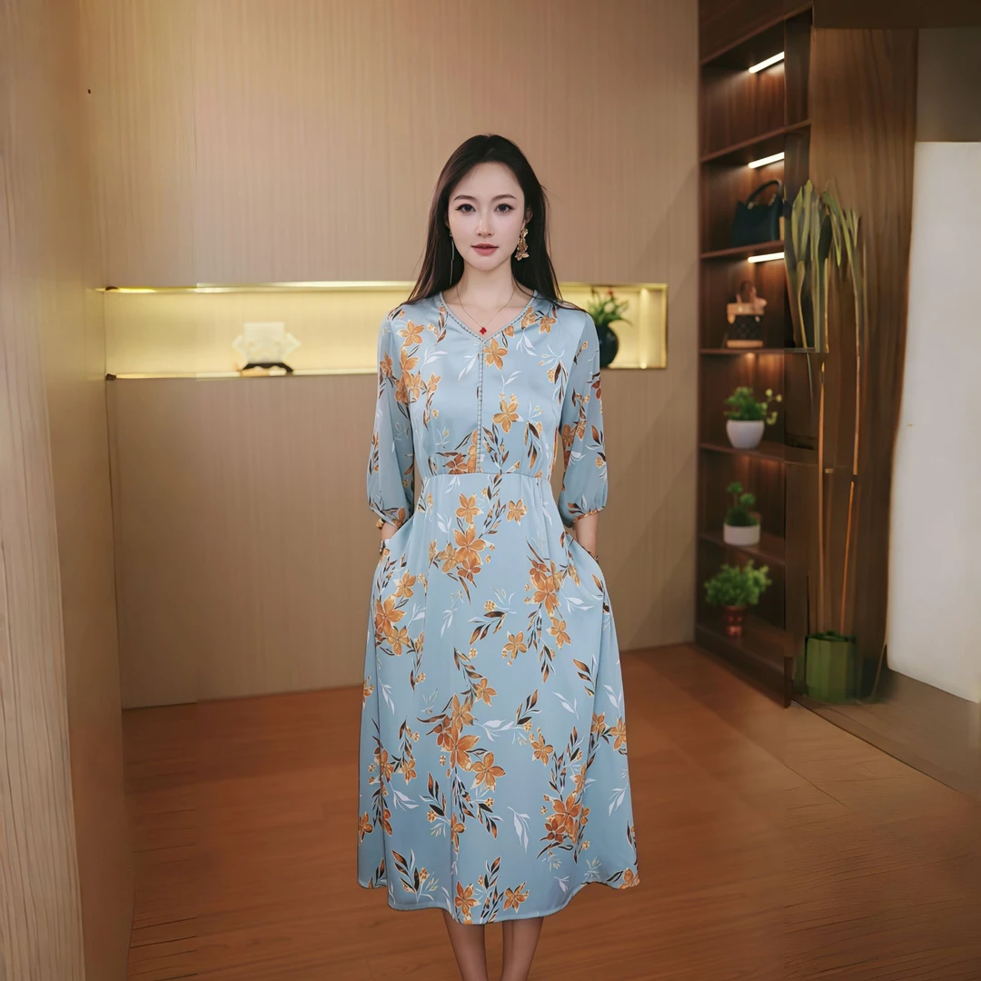 9973-连衣裙女夏新款高腰妈妈洋气减龄宽松中长款裙子女【A30-3-1】