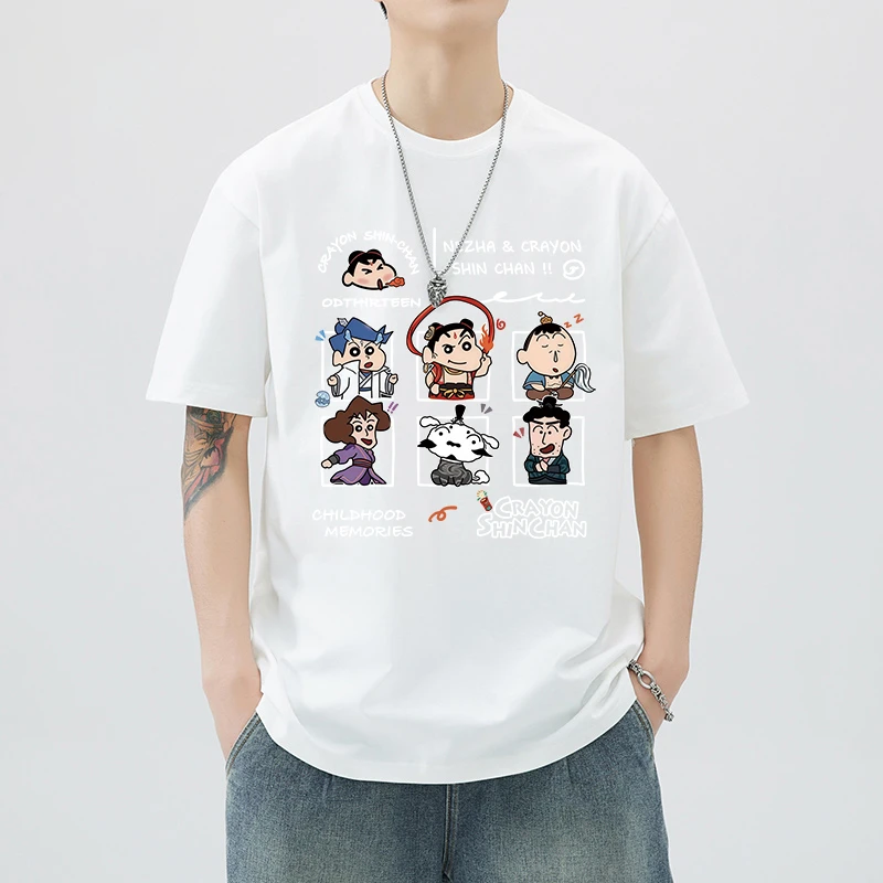 创意宽松男士T恤印花宽松休闲短袖圆领ins白色纯棉卡通百搭上衣女