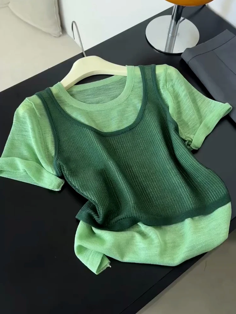韩系穿搭洋气时尚感2025漂亮上衣多巴胺打底假两件短袖T恤女夏季