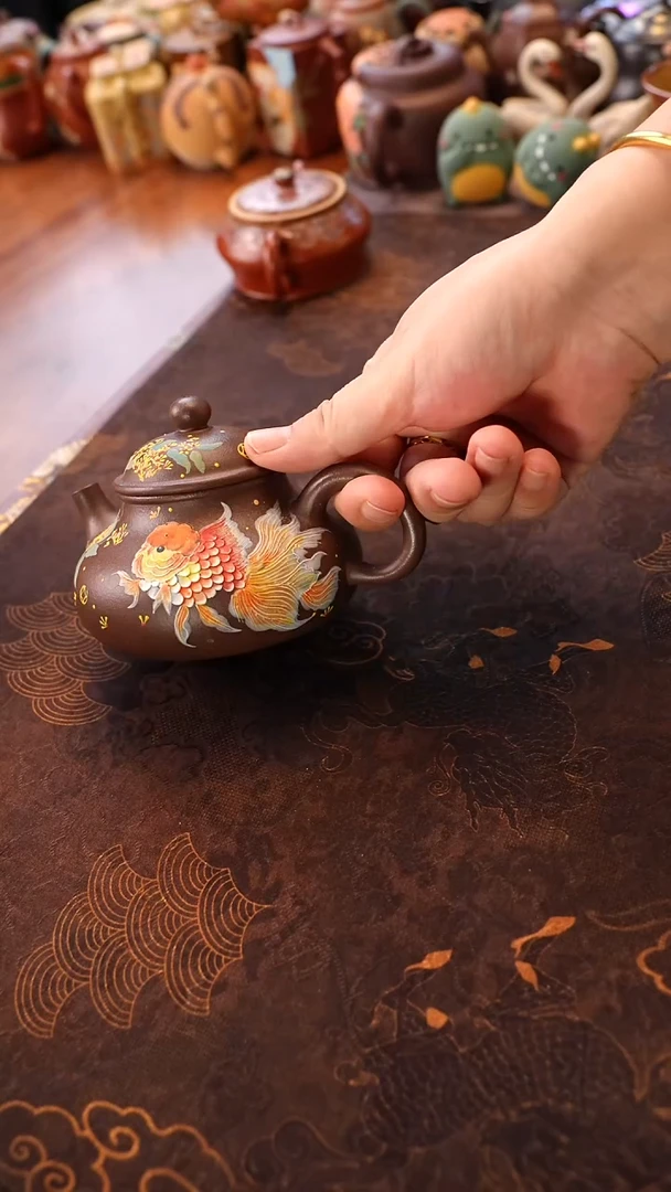 茶壶紫砂天青泥 容天壶 桂花鱼