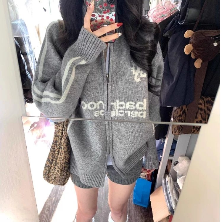 oversize！棒球风翻领拉链毛衣开衫女外套秋装新款韩版宽松针织衫