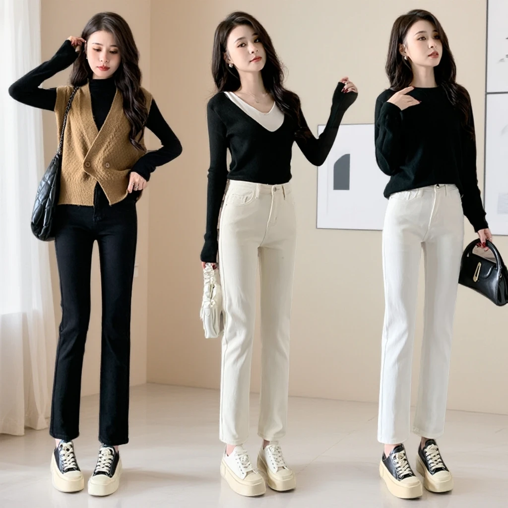 米白色烟管直筒牛仔裤女秋冬加绒保暖2025年修身高腰显瘦时尚裤子