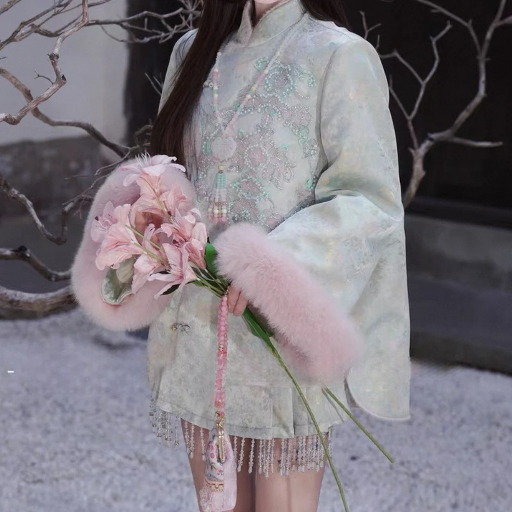 【晨浠定制】新款中式国风气质盘扣羽绒百褶裙套装933