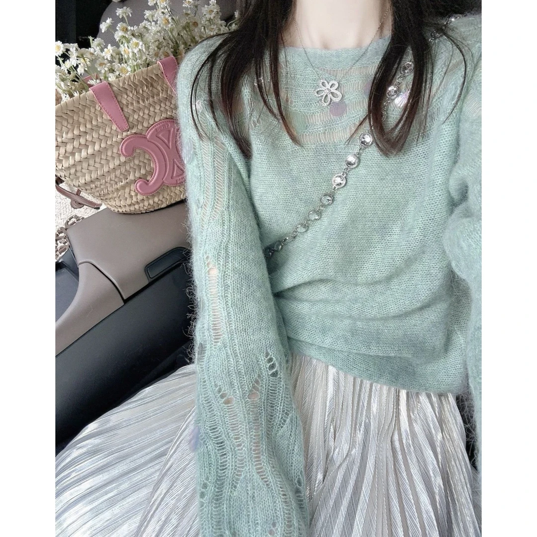 温柔风亮片毛衣宽松慵懒风女2025秋冬新款多巴胺漂亮韩系针织上衣