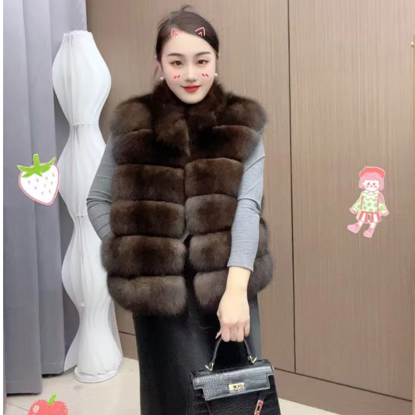 新款进口芬兰狐狸毛皮草马甲【柏林热吻】女短款外套60横排马甲