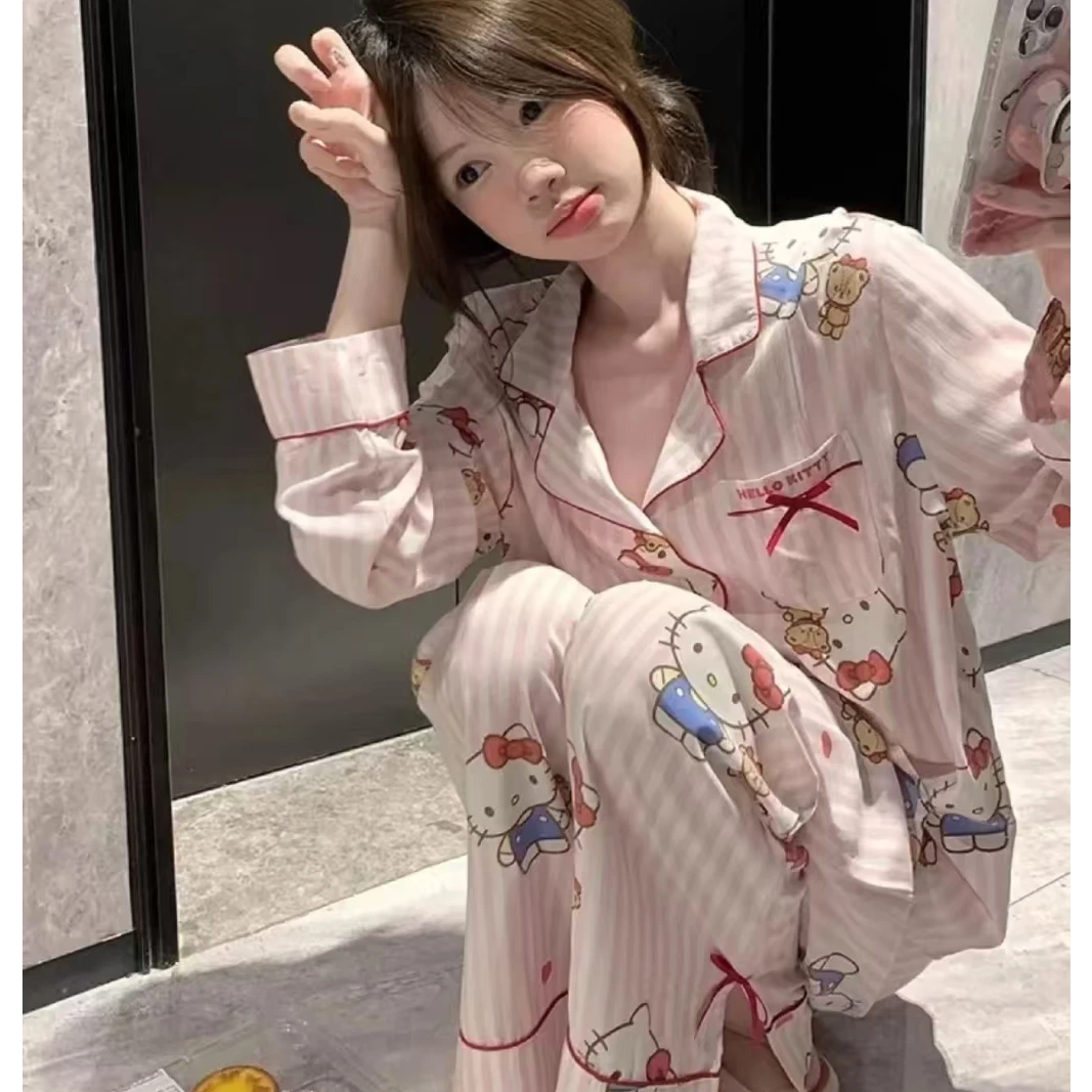 少女甜美可爱卡通凯蒂猫蝴蝶结睡衣女春秋ins风长袖长裤家居服