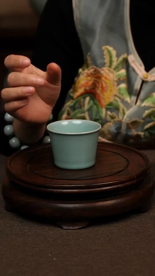瓷片仿古天青全手马蹄杯80ml 微瑕 不带礼盒