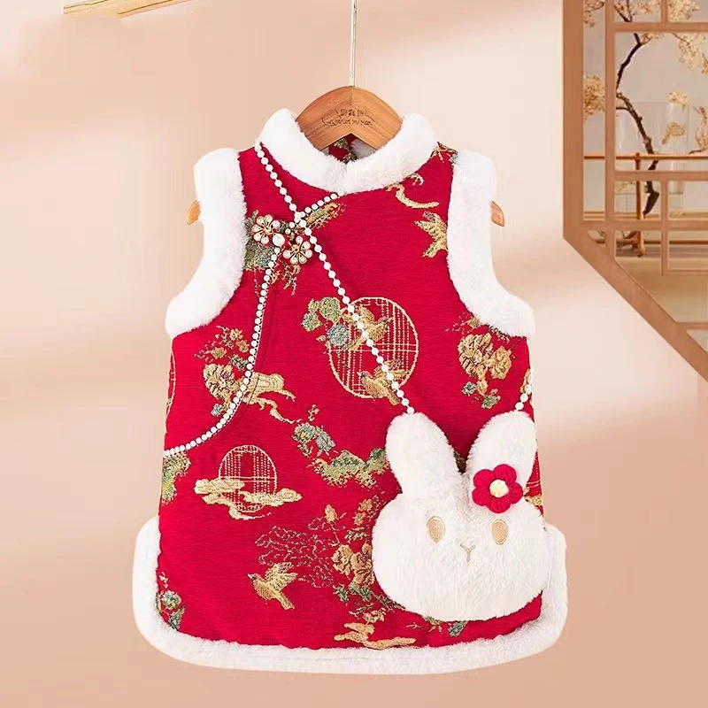 儿童旗袍裙秋冬季夹棉女宝宝背心裙中国风棉衣过年喜庆唐装连衣裙