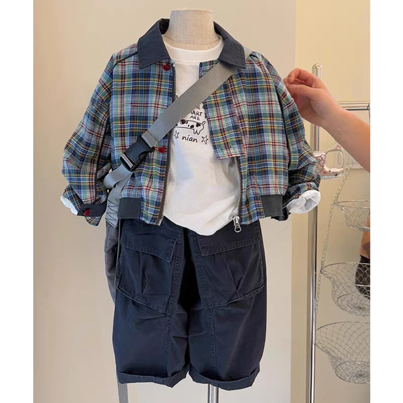 韩范童装男童外套2025新款春装儿童格子上衣宝宝时髦休闲棒球服