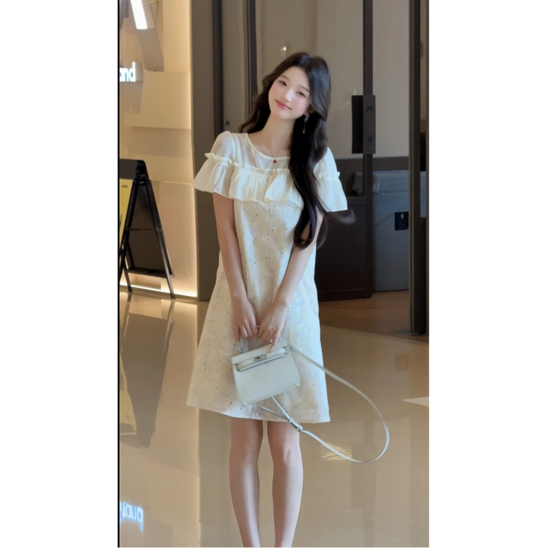 【栀花清梦V】新款时尚镂空甜美仙气连衣裙裙荷叶边气质直筒A字裙