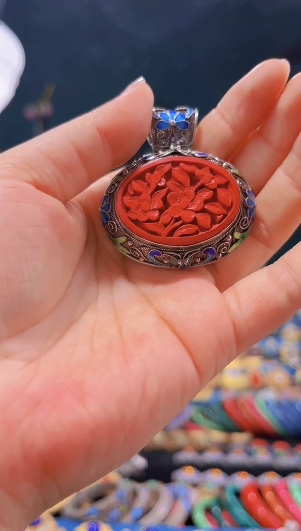 非遗技艺 花丝镶嵌雕漆吊坠 椭圆