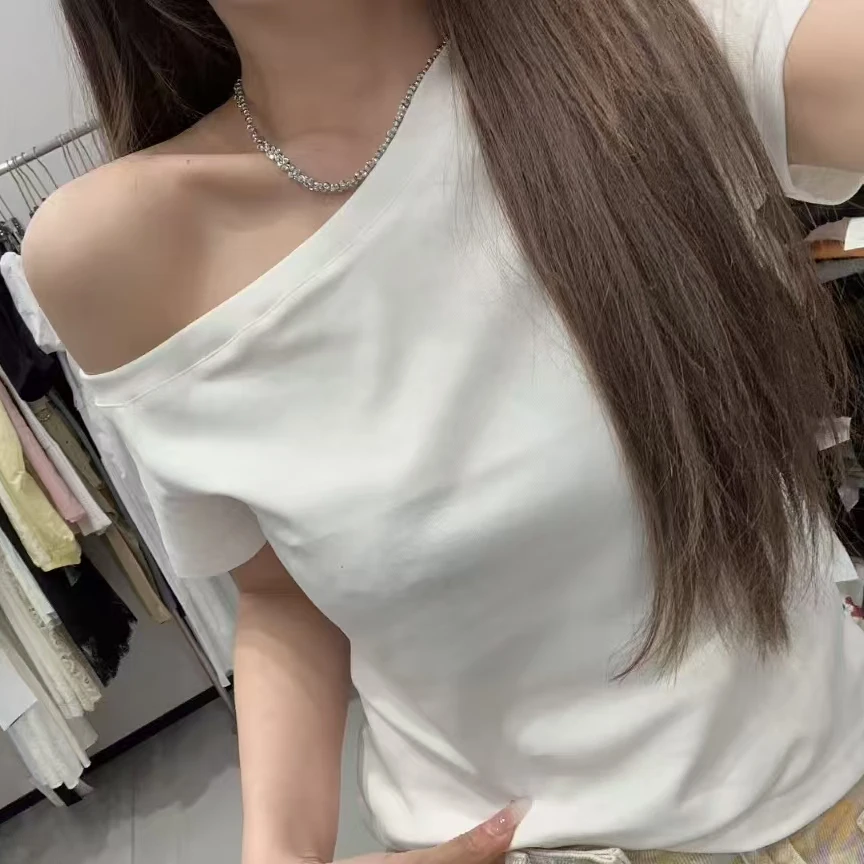 简衣 百搭时尚显瘦斜肩短袖上衣T恤81152