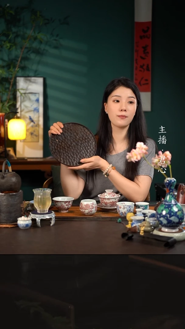 陶瓷周边大漆圆茶盘龙鳞纹 直径23