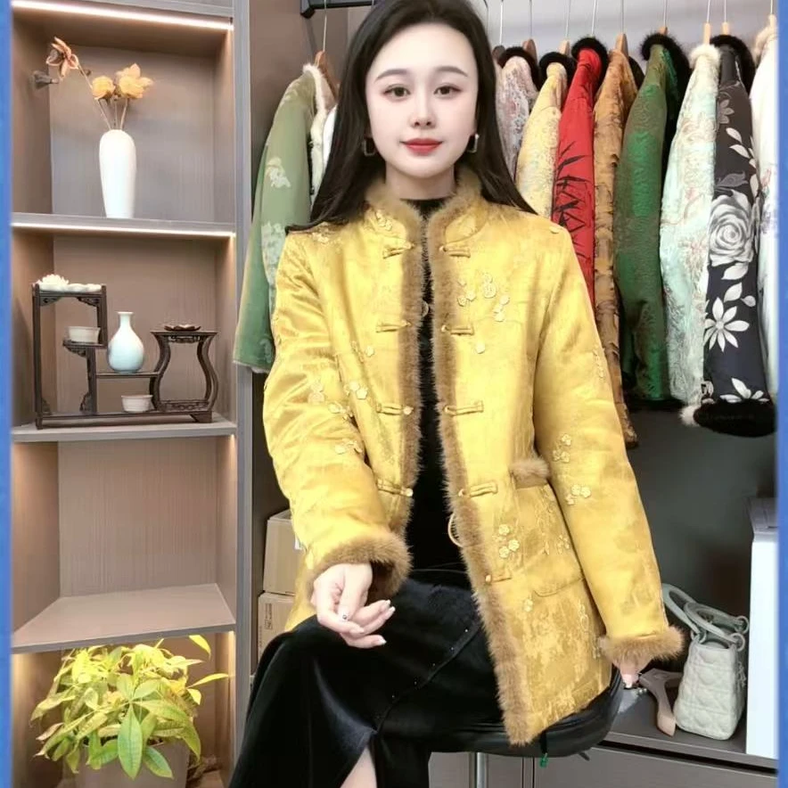 【中长款】双面穿新中式冬季皮毛一体立领上衣水貂毛提花外套S105