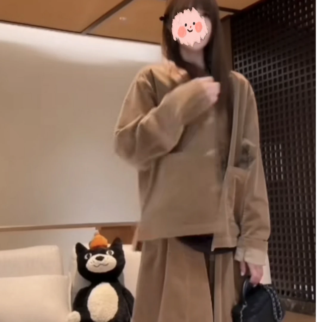 焦糖灯宽松圆领系扣外套休闲松紧腰中线阔腿长裤