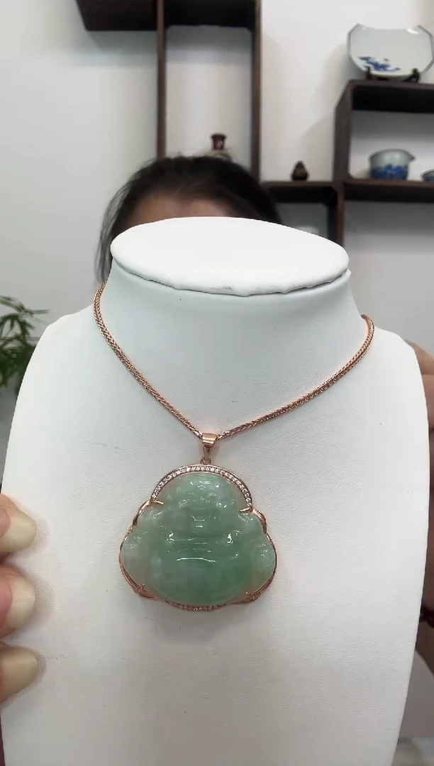 吊坠(赠链)银S925镶嵌翡翠佛公玫瑰边