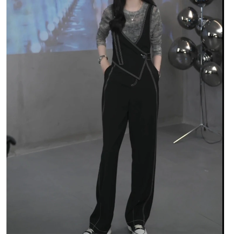 高级感背带裤女春装2025新款设计感收腰显瘦高腰阔腿西装裤连体裤