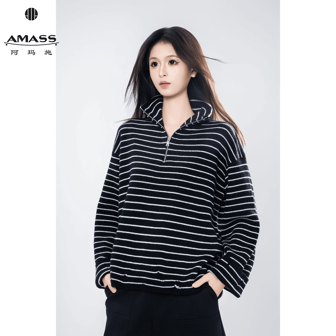 AMASS/阿玛施秋冬新款时尚气质百搭休闲条纹半高领针织衫女538088