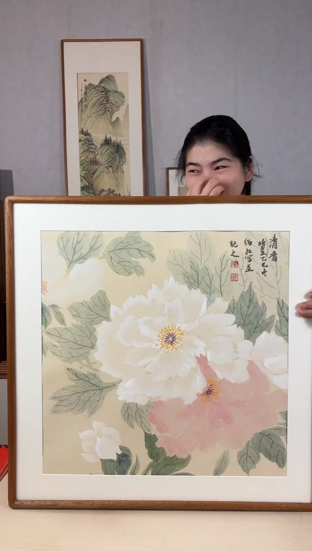 国画手绘*清香（牡丹）*62*62cm实木框