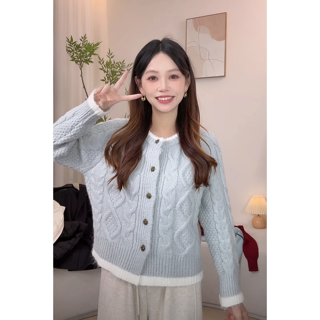 【现货】秋冬新款长袖休闲百搭圆领针织慵懒风毛衣-YJ1045