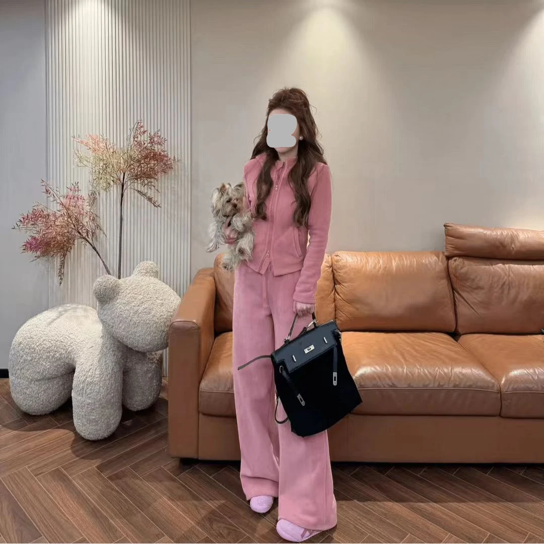 美式潮流温柔色拉链连帽百搭上衣+时尚宽松舒适卫裤