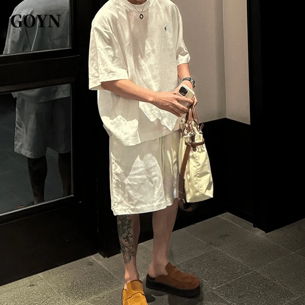 GOYN简约风男士薄款夏季潮流宽松透气短袖短裤男款时尚休闲两件套