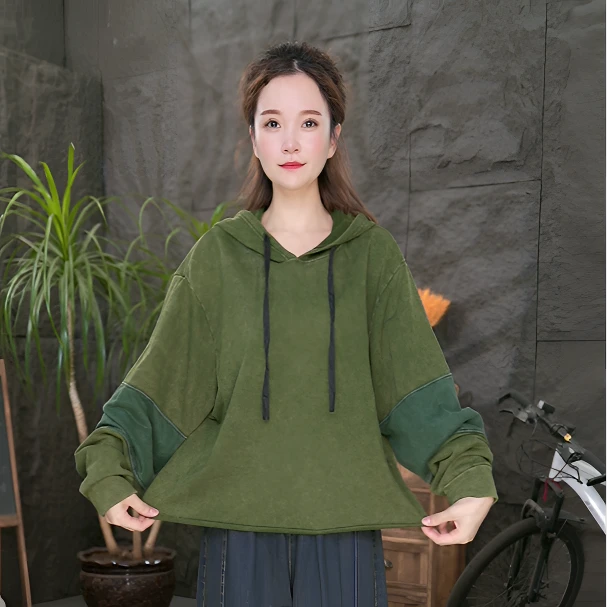 【连帽拼接袖卫衣】中长款女卫衣显瘦复古秋季拼接时尚上衣