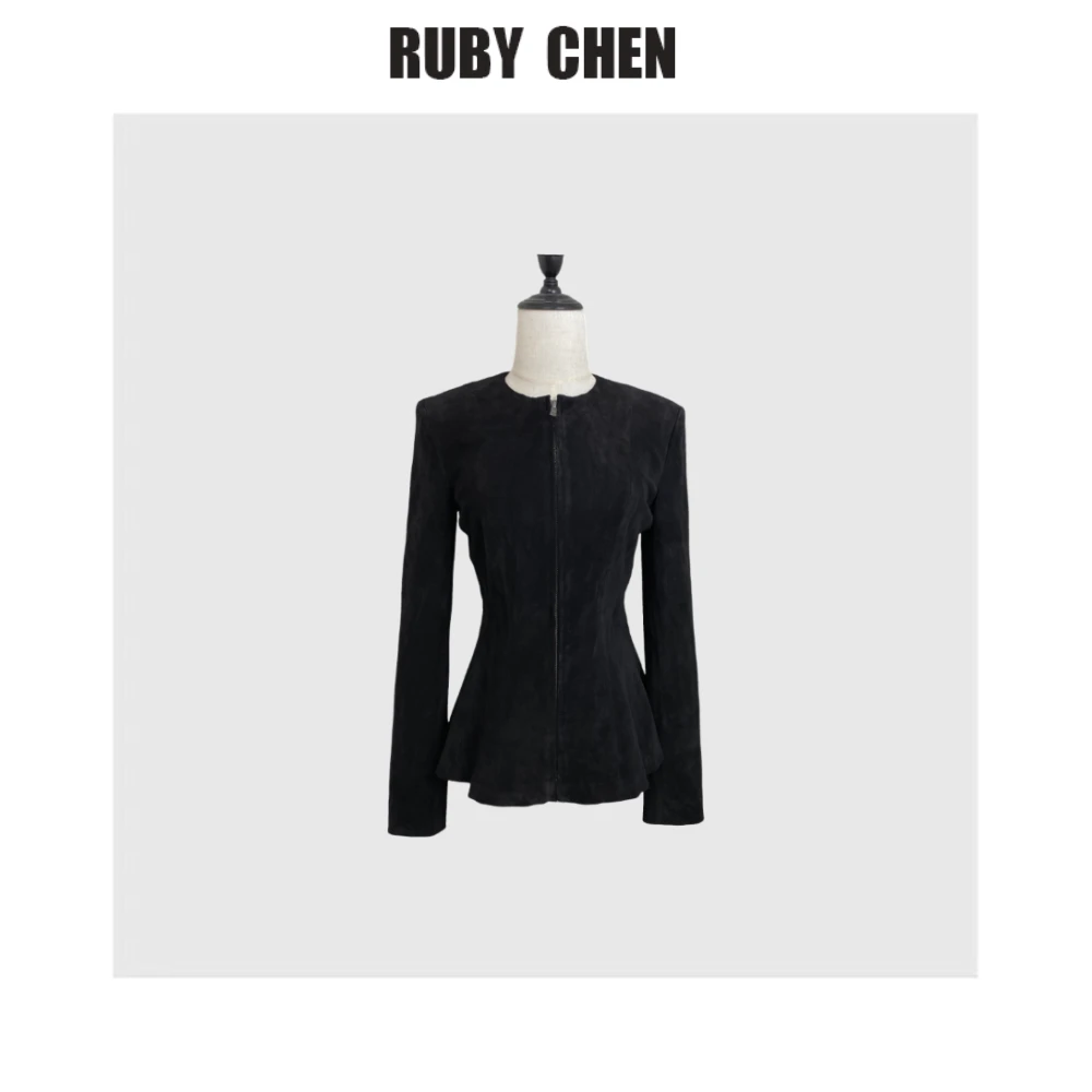 ruby~磨砂质感修身收腰圆领荷叶边皮衣外套