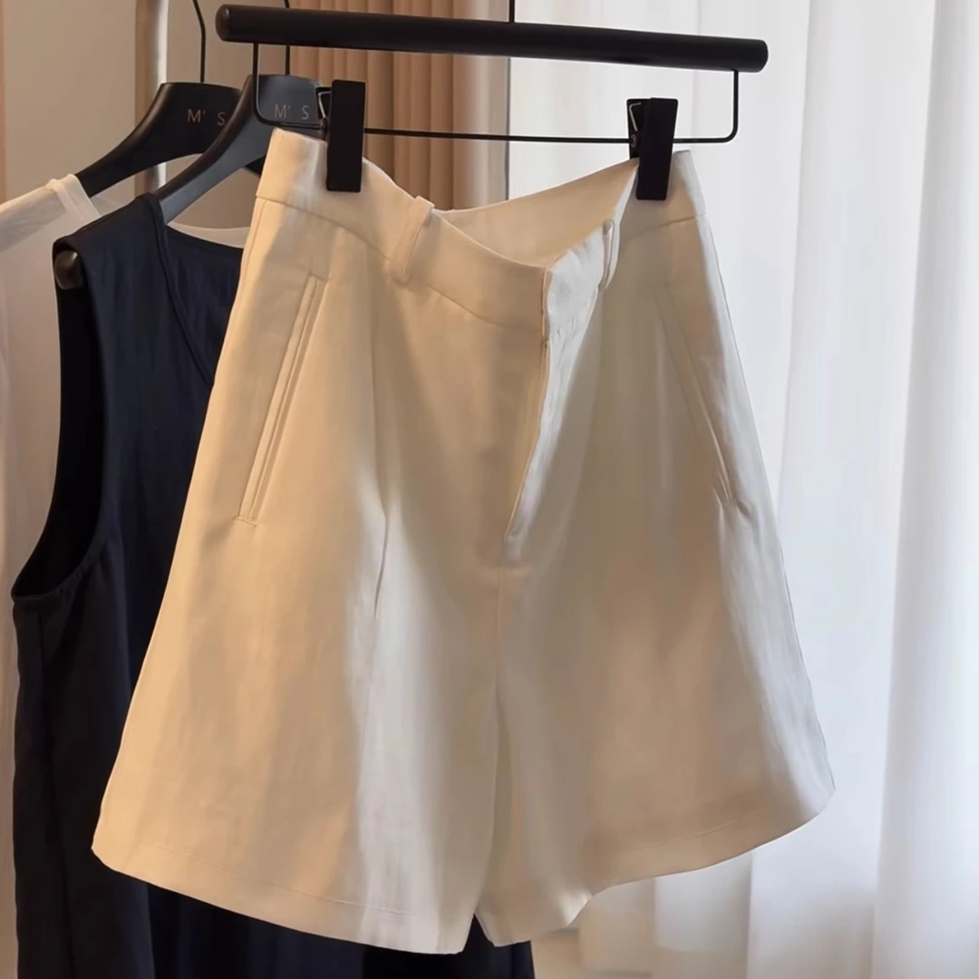 高端货~夏季款100%亚麻高腰阔腿裤白色显瘦a字休闲短裤女外穿裤子