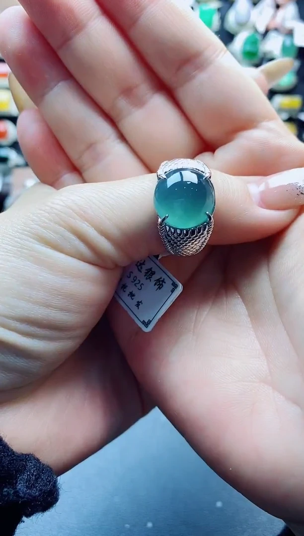 银S925镶嵌戒指翡翠强*天然A货翡翠男戒