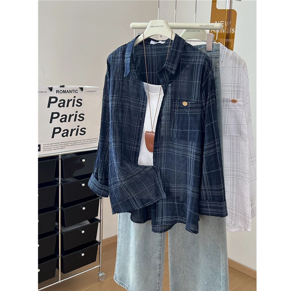 韩版时尚格子长袖衬衫女宽松显瘦百搭休闲开衫上衣秋季秋款白色