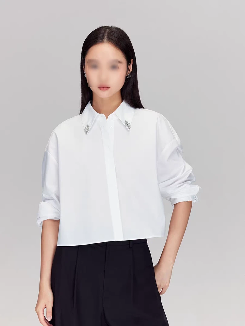 9222原单商场同款少女风重工镶钻领百搭简约长袖短款衬衫女