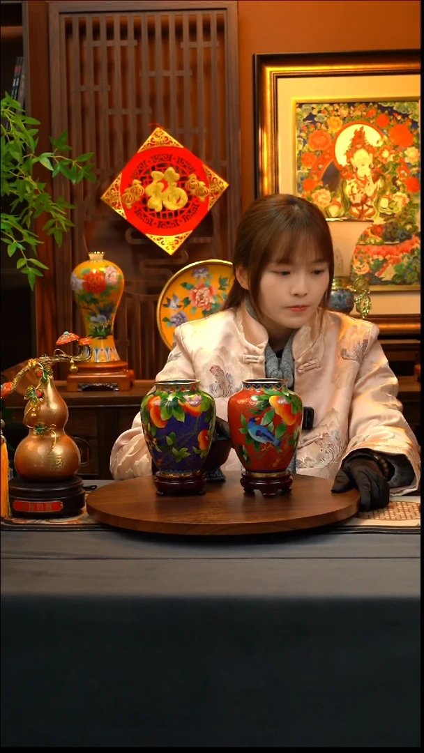 铜景泰蓝紫铜石榴瓶  一对