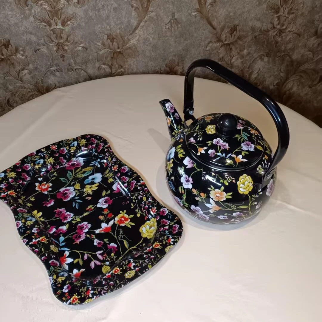 KOXMAK HOME网红民族奶茶壶搪瓷茶壶家用烧水壶送同款花色盘子