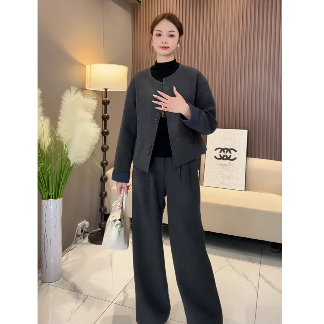 026款 2025秋冬加绒加厚圆领羊毛高级感复古气质百搭开衫显瘦套装
