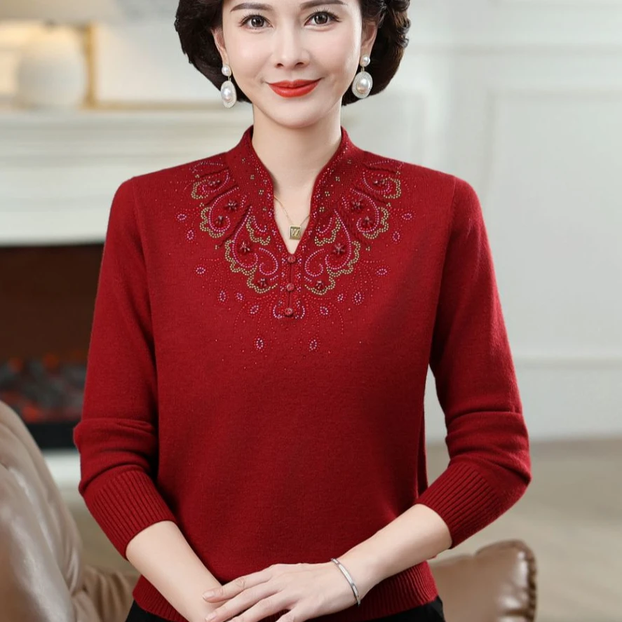 春秋60-70岁妈妈装新中式旗袍领针织衫长袖中年妈妈秋装时尚打底