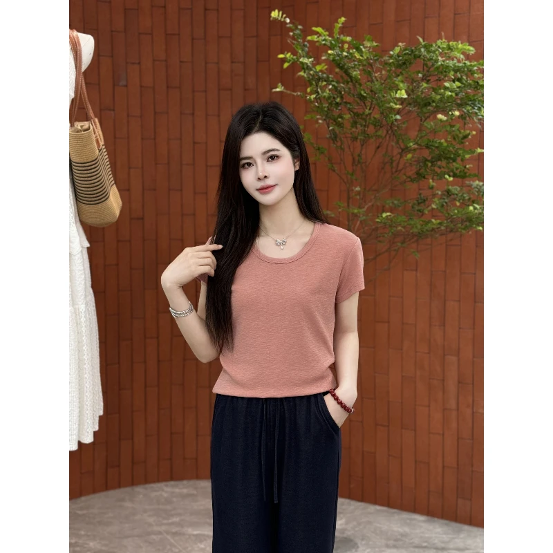 宿慕SUMU 女款纯色圆领短袖T恤5-13夏季2025新款舒适百搭上衣1185