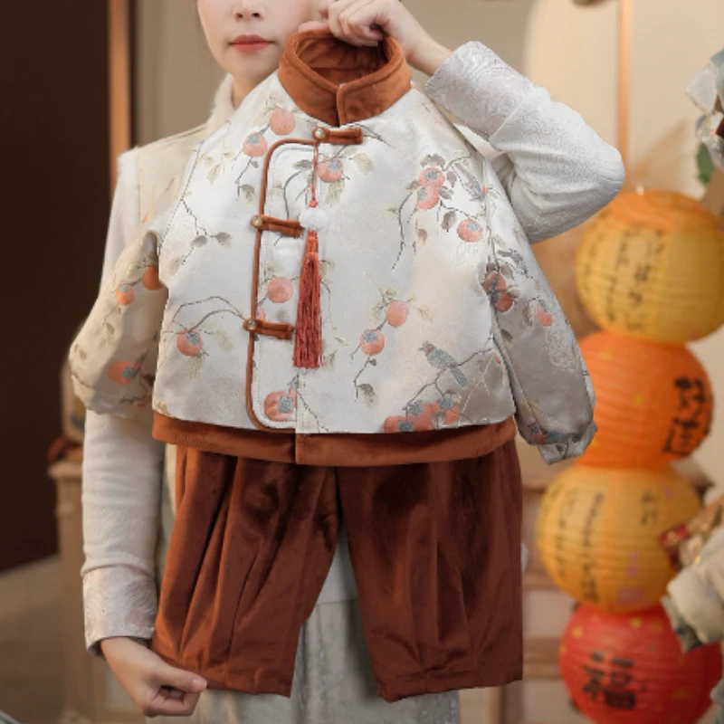 现货啵小爸【万柿如意】2024春秋冬季男童新中式刺绣加绒加厚两件套