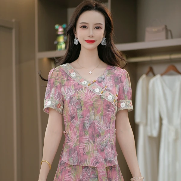 2025夏季新中式气质优雅斜襟盘扣洋气显瘦减龄套裙两件套M-4XL