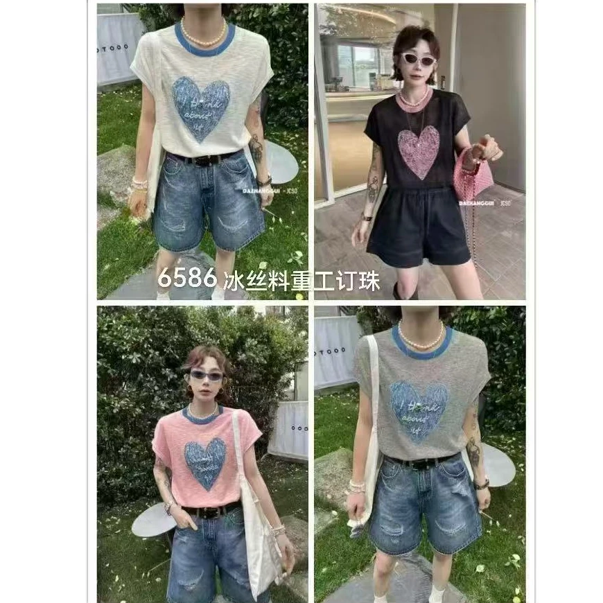 【锦衣服饰】XRX 6586（25311）冰丝重工订珠爱心短袖