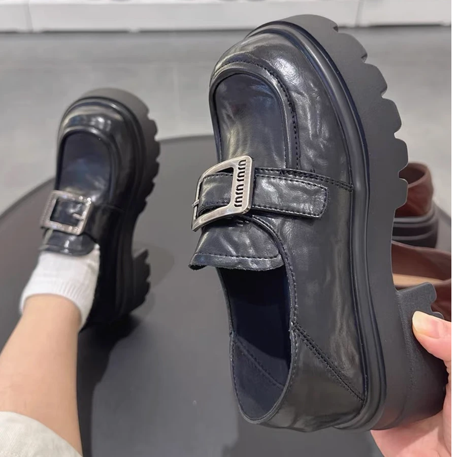 2025新款皮带扣增高圆头厚底乐福鞋女简约时尚款