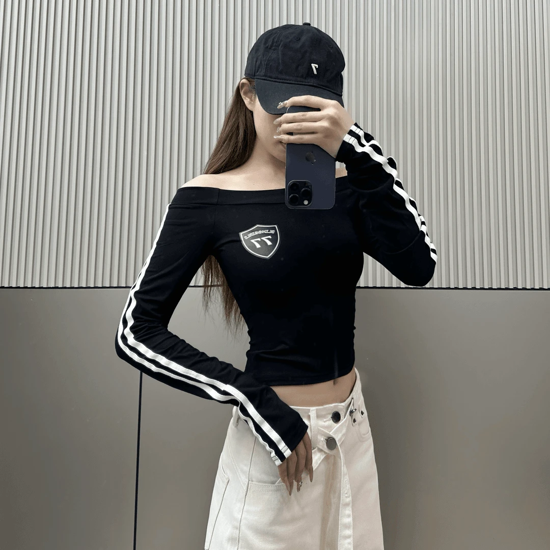 美式长袖t恤女春季一字肩修身打底衫辣妹短款撞色字母印花上衣ins