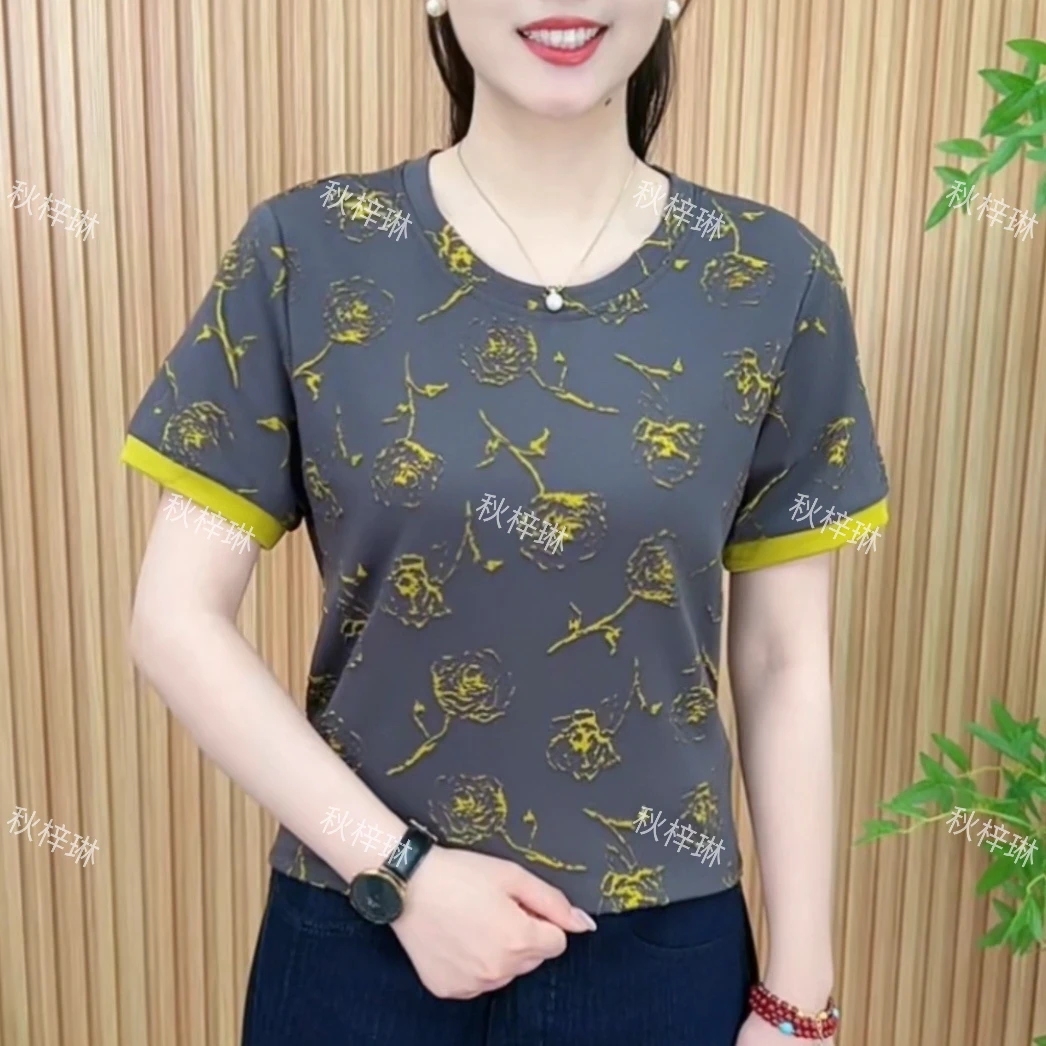 夏季圆领极简风吸汗花色短袖T恤女士半袖宽松显瘦妈妈装上衣A839